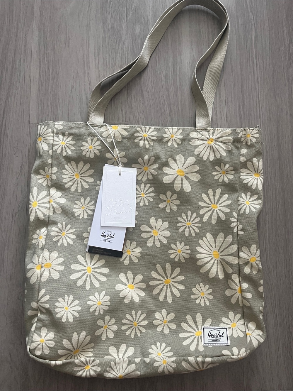 Herschel Supply Company Olive Daisy Canvas Tote with Yellow Centers
